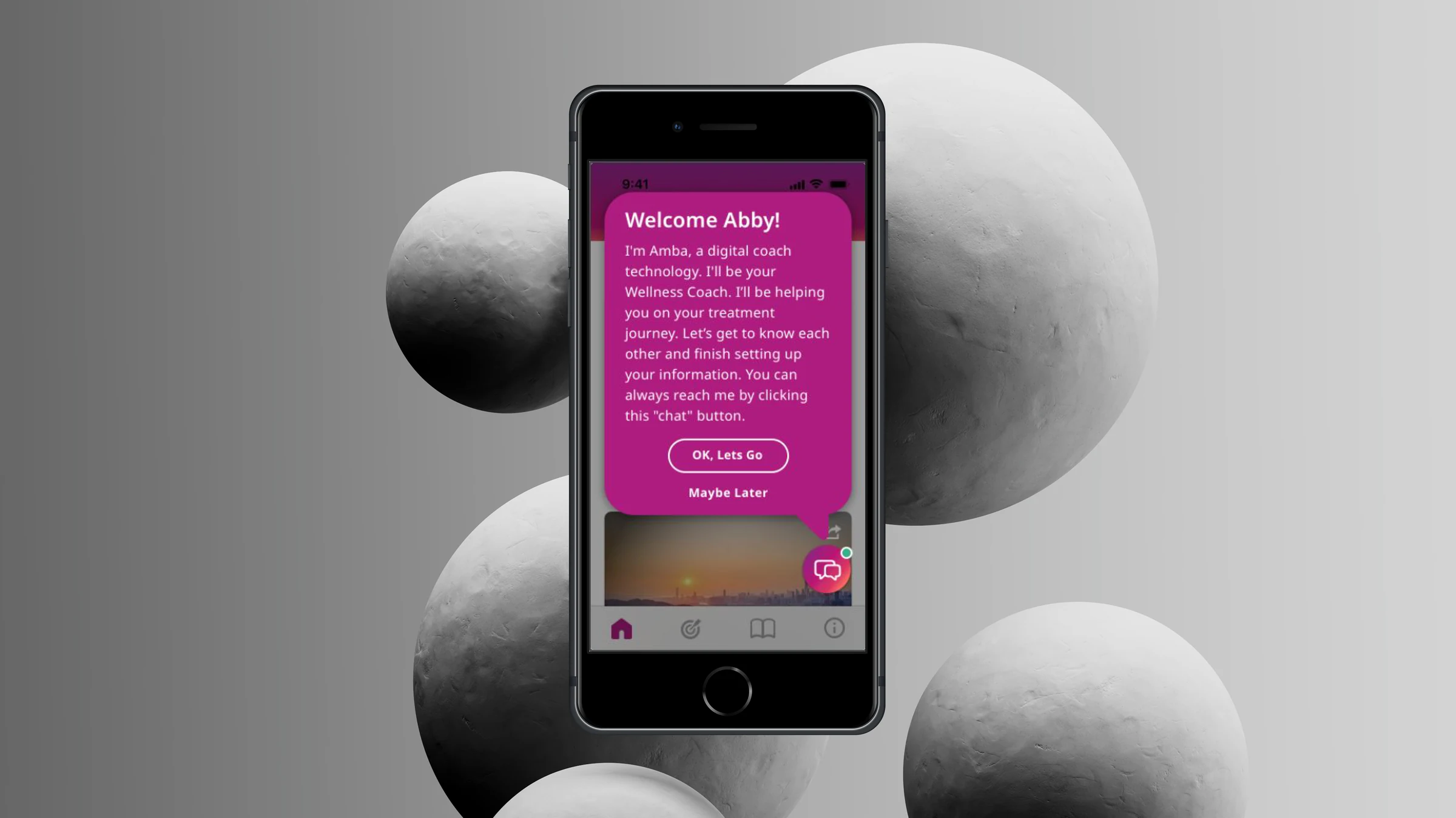 The Amba Wellness Coach app on a phone — the digital coach introducing itself to a patient at the start of the onboarding flow
