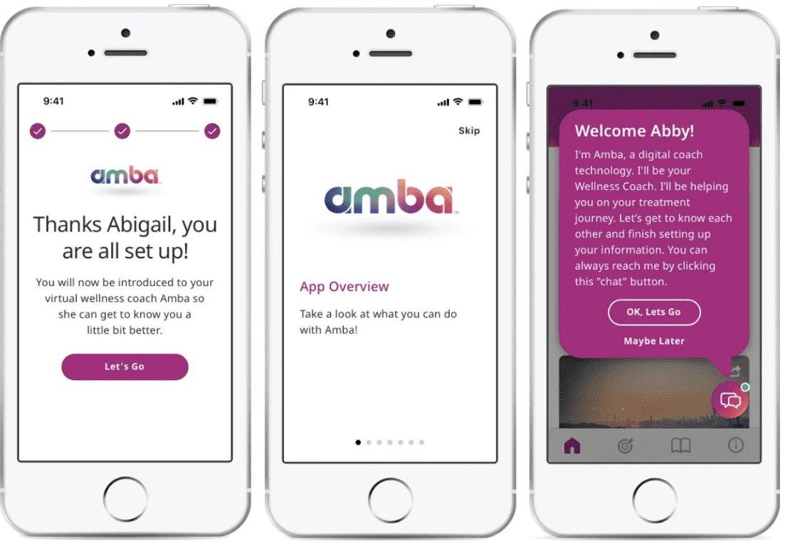 Three Amba onboarding screens in sequence: the account set-up confirmation, an App Overview screen introducing what the app can do, and the digital coach's welcome message over the home screen