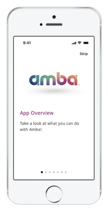 The Amba App Overview screen — the app's logo above the line &ldquo;Take a look at what you can do with Amba&rdquo; and a row of page dots