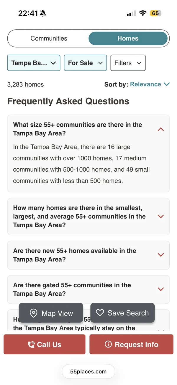 After: on mobile, the Communities–Homes toggle, the location and For Sale filters, the result count and sorting all sit at the top of the page, with Map View and Save Search within reach