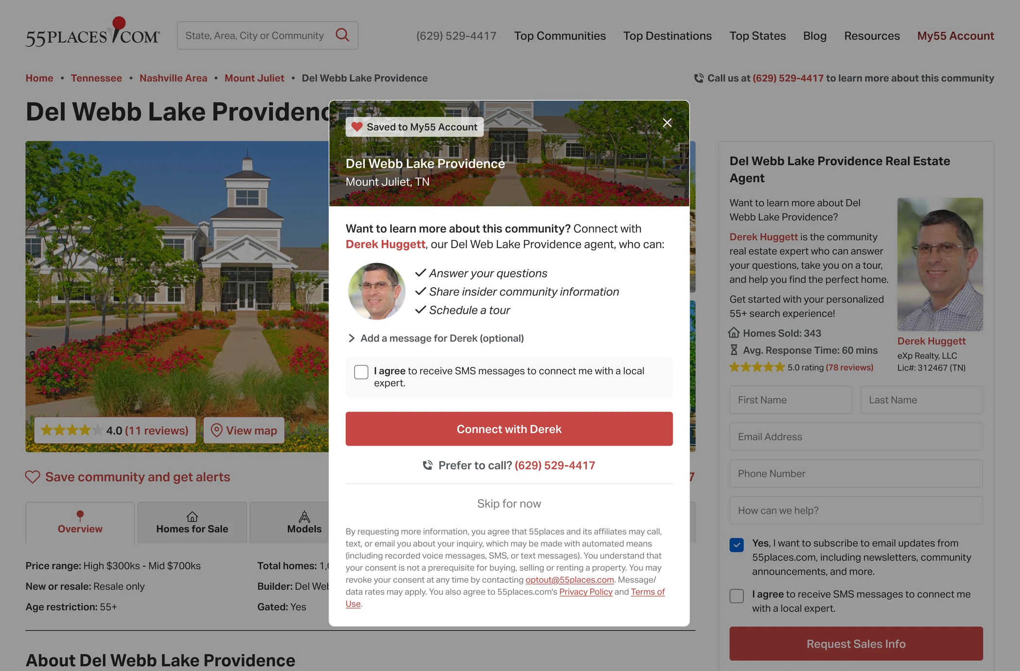 Desktop: after saving Del Webb Lake Providence, a modal appears over the community page — a 'Saved to My55 Account' badge, an invitation to connect with the assigned local expert with no fields left to fill because the account already has them, a collapsed optional message, an unchecked SMS opt-in, a 'Connect with Derek' button, a 'Prefer to call?' link, and 'Skip for now' — with the page's existing agent panel and its full lead form still visible alongside