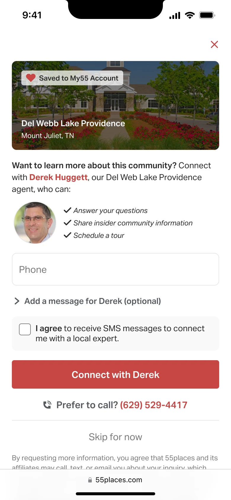 Mobile: the same step for an account missing only a phone number — a single Phone field above the collapsed optional message, an unchecked SMS opt-in, a 'Connect with Derek' button, 'Prefer to call?', and 'Skip for now'