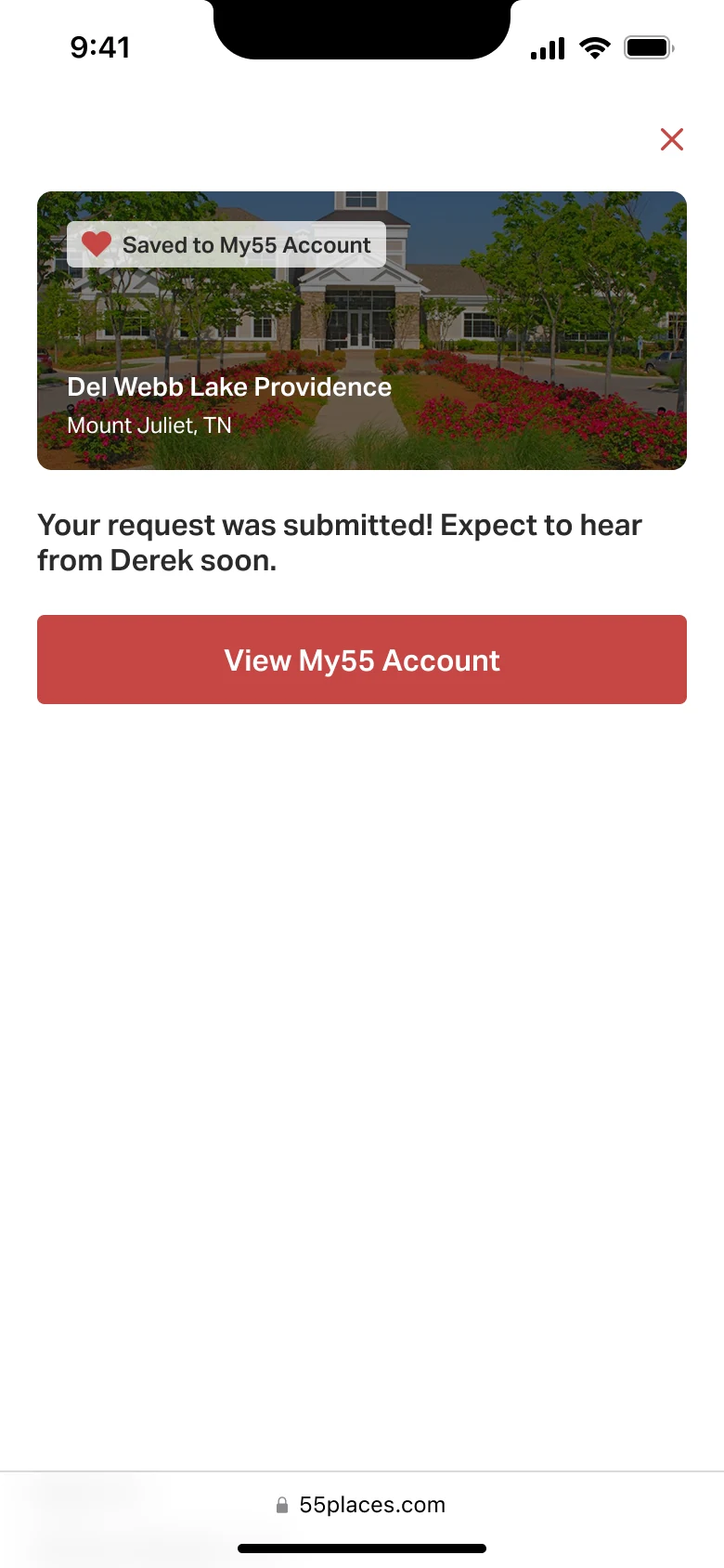 Mobile: the success state — 'Your request was submitted! Expect to hear from Derek soon.' — with a 'View My55 Account' button routing back into the account