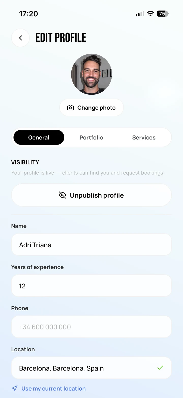 Empire Biz: Edit profile with the visibility control at the top — the profile is live and can be unpublished at any time