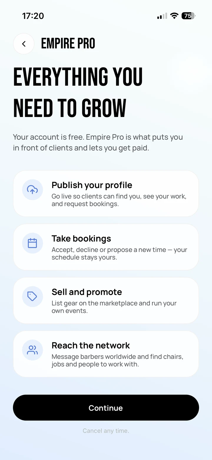 Empire Biz: the Empire Pro screen — Everything you need to grow — listing publish your profile, take bookings, sell and promote, and reach the network