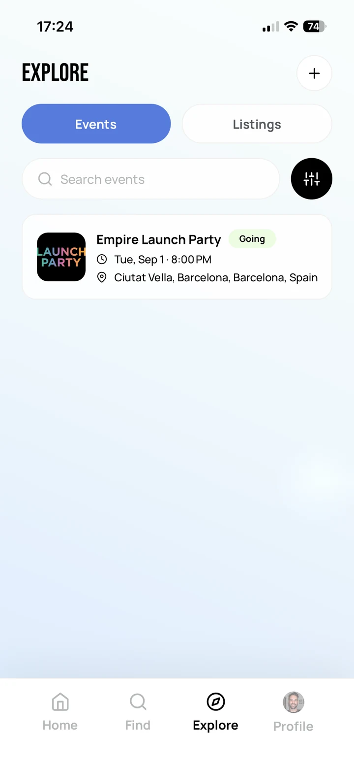 Empire Biz: Explore, with Events and Listings tabs and an upcoming Empire Launch Party