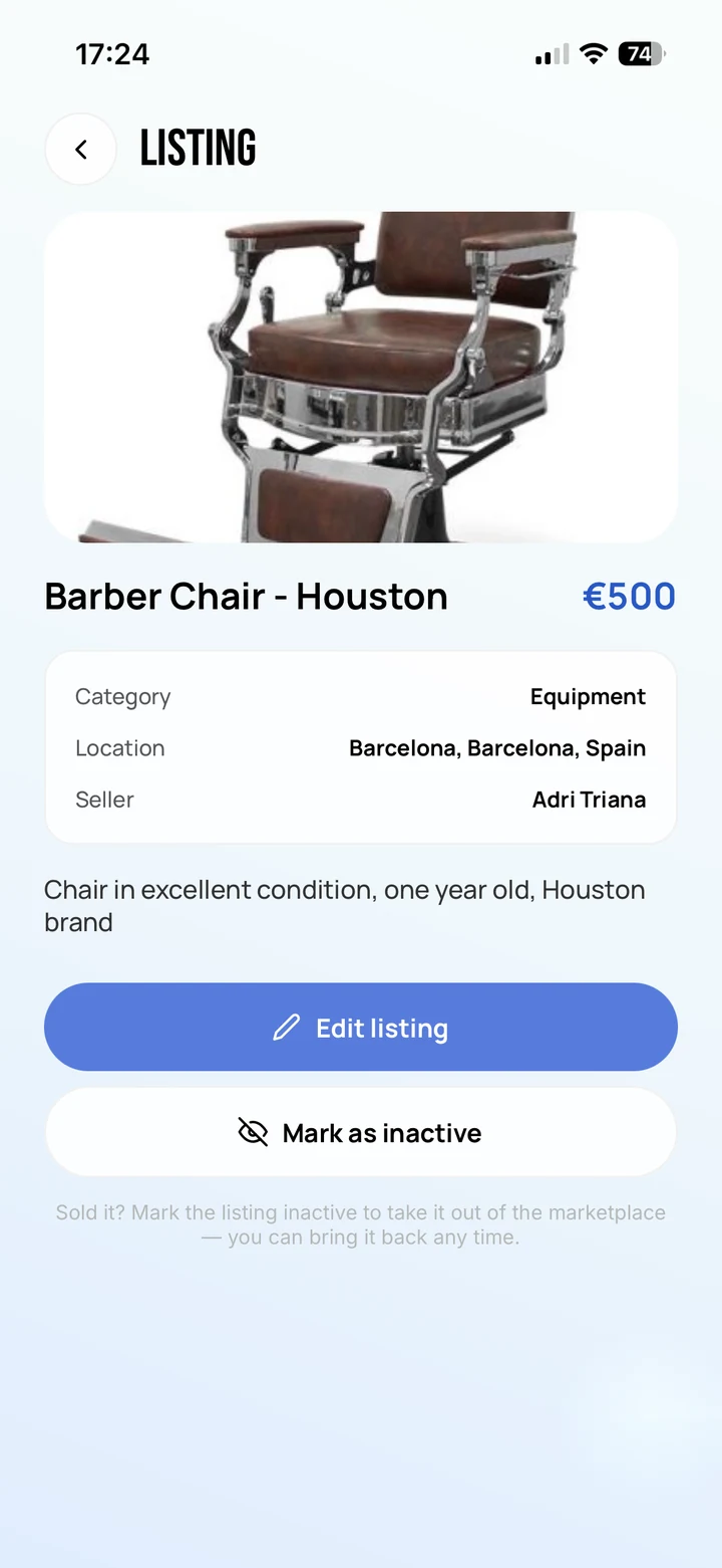 Empire Biz: a marketplace listing for a barber chair at 500 euros with category, location and seller, above Edit listing and Mark as inactive