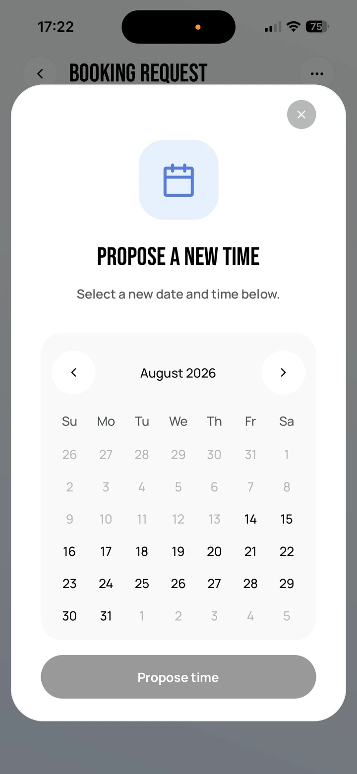 Empire Biz: the Propose a new time sheet, a month calendar for offering an alternative slot