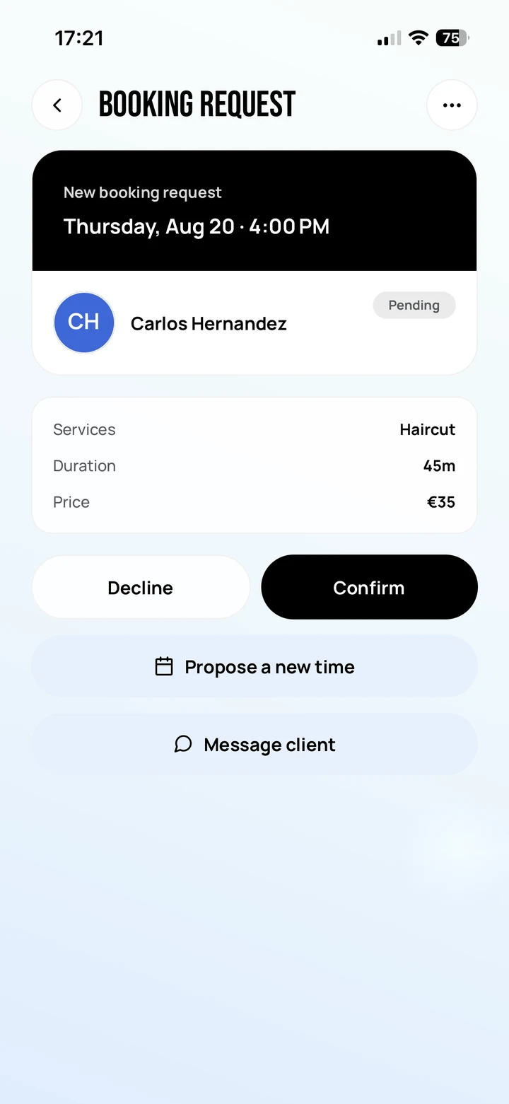 Empire Biz: the booking request detail — service, duration and price, then Decline and Confirm, with Propose a new time and Message client beneath