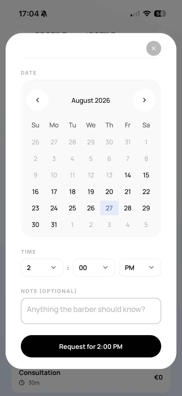 Empire Client: the booking sheet — a month calendar, a time selector and an optional note to the barber, above a Request button carrying the chosen time