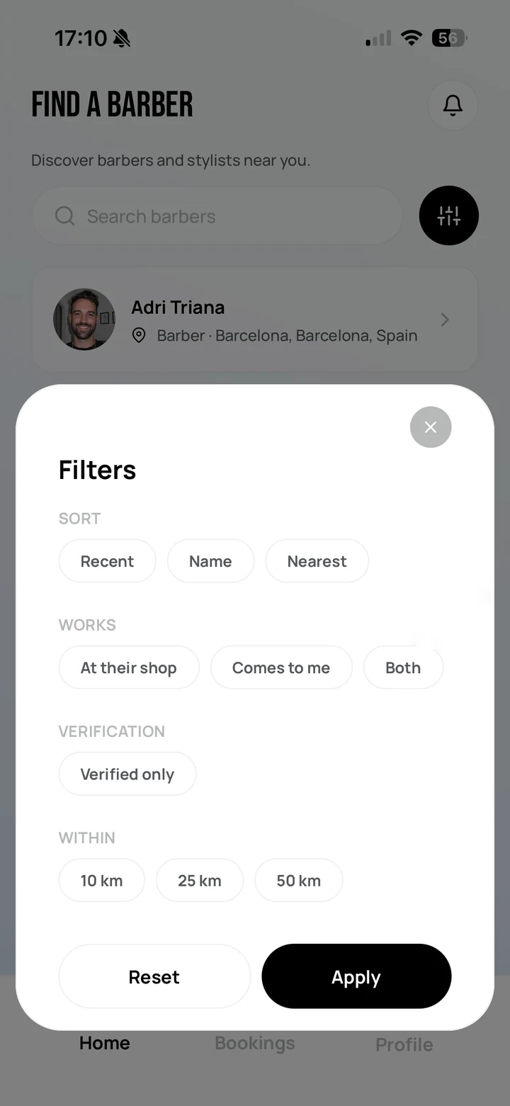 Empire Client: Find a Barber with the filter sheet open — sort by nearest, filter to barbers who come to you or work at their shop, verified only, and within 10 to 50 kilometres