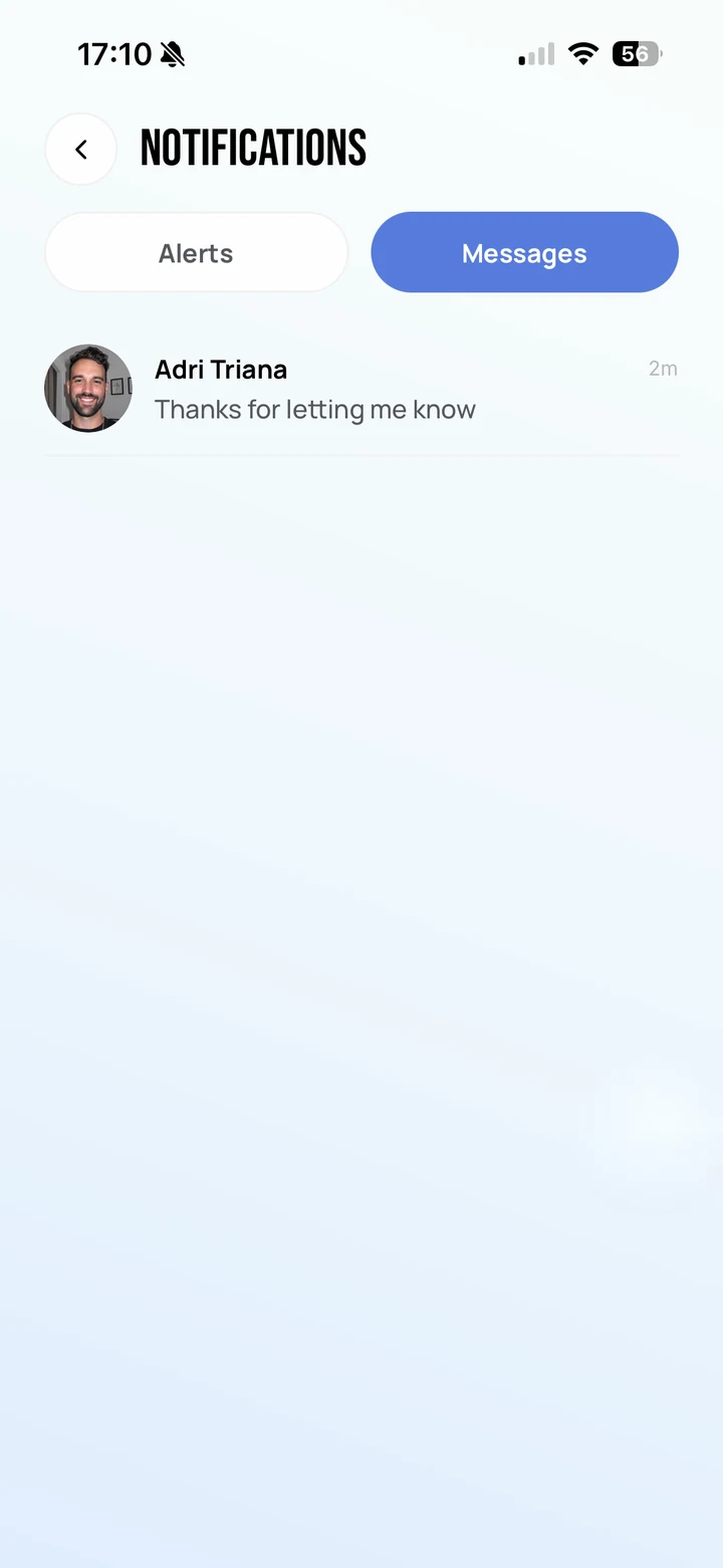 Empire Client: the Messages tab of the notification centre, showing a thread with the barber