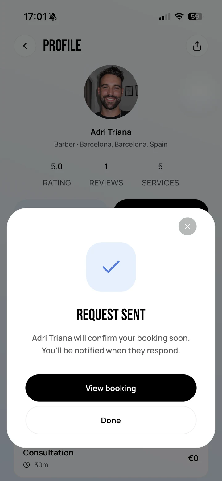 Empire Client: a Request sent confirmation telling the client the barber will confirm shortly and that they will be notified when they respond
